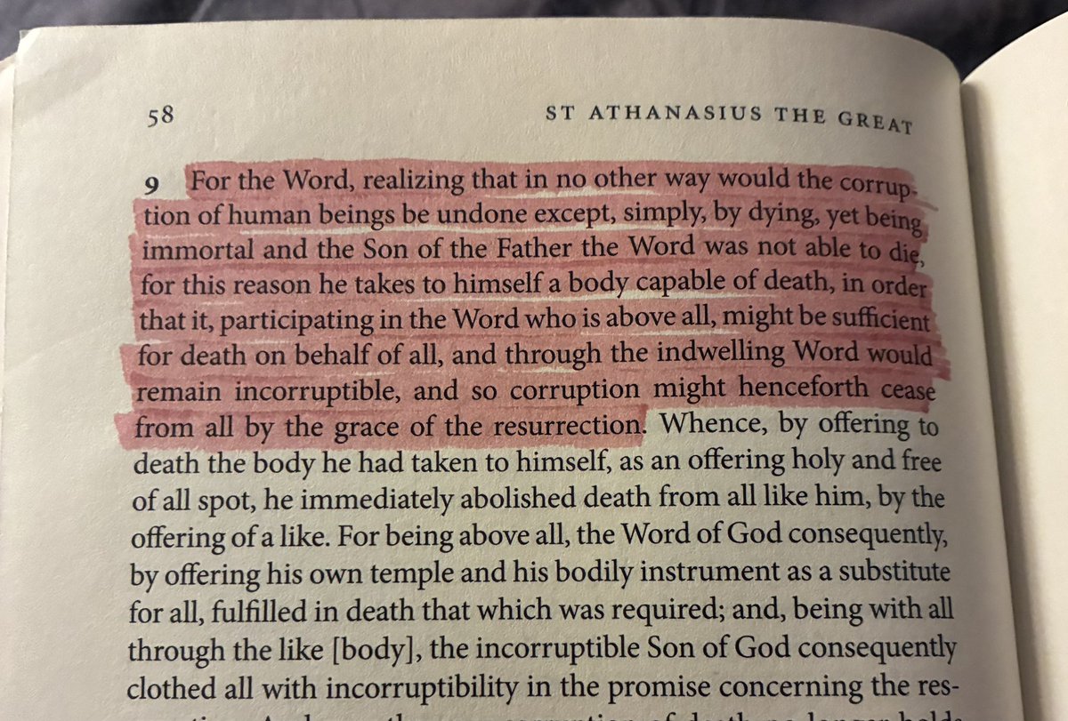 “For the Word, realizing that in no other way would the corruption of human beings be undone except, simply, by dying, yet being immortal and the Son of the Father the Word was not able to die, for this reason he takes to himself a body capable of death, in order that it,