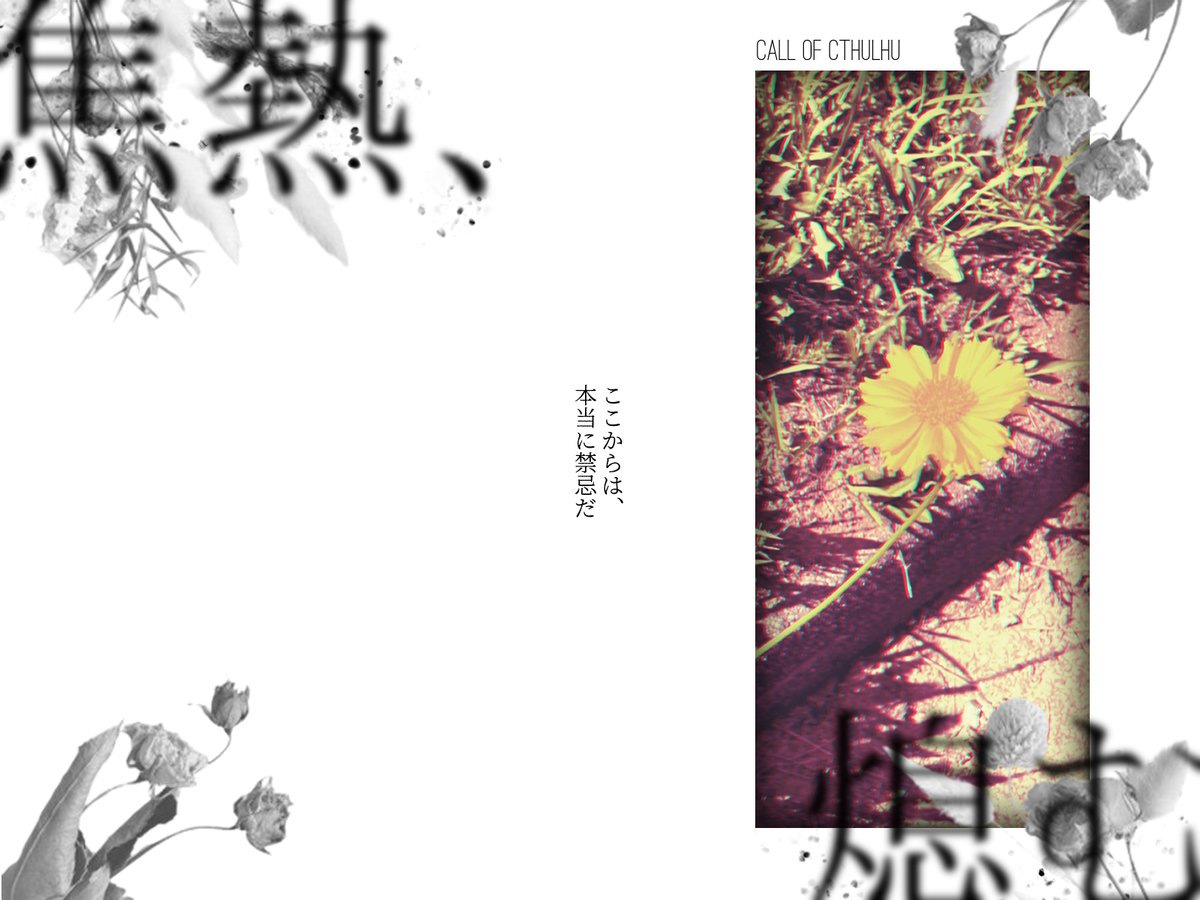 Oct_Blessings's tweet photo. coc6版「焦熱、熄む」

半年前、余命宣告を受けたHO1。
余命宣告をしたのは、HO2だ。

残り僅かな日々の中、何を選択し、受け入れ、抗うのか。
最後にあなたの手を取るのは、誰なのか。
どうか後悔のないように、選んでほしい。

https://t.co/lmSZp1iwjp https://t.co/T0nGYL1S13