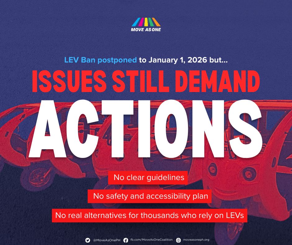 MoveAsOnePH's tweet image. Na-postpone ang LEV Ban sa Jan 1 — pero hindi ito panalo kung pareho pa rin ang problema.
Wala pa ring guidelines. Wala pa ring safety plan. Wala pa ring alternatibo para sa mga umaasa sa LEVs.
Hindi pwedeng parusa bago solusyon. Patuloy naming dadalhin ang boses ng komunidad.