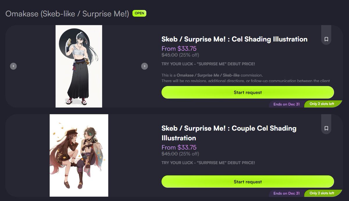 I’m a bit nervous bcs this is my first Surprise Me commission on VGen, but I’m excited and I’ll do my best. 

To celebrate my debut, I’m offering a 25% disc for the first two slots.
Feel free to check it out!

(♡ + ↻ it’s very appreciated, thank you!) 

#VGenOpen #VGenComm