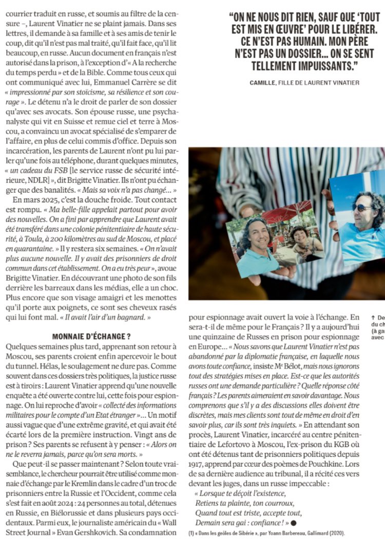 WeillClaude's tweet image. 🚨⚠️Incarcéré en Russie depuis 18 mois sous 1 mobile mineur, le chercheur français Laurent Vinatier est aujourd’hui menacé de 20 ans de prison pour espionnage.
Victime collatérale de la crise Paris-Moscou? 
Remarquable enquête de @natachatatu ds l’Obs
Avec son accord, je republie