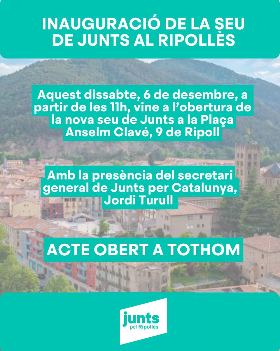 📍 El Ripollès estrena nova seu comarcal de <a href="/JuntsXCat/">Junts per Catalunya🎗</a>!

📆 Vine aquest dissabte 6 de desembre, a les 11h, a compartir-ho amb nosaltres a la Plaça Anselm Clavé, 9.

👉 Hi participarà el secretari general, <a href="/jorditurull/">Jordi Turull i Negre</a>. 

🙌 T’hi esperem!