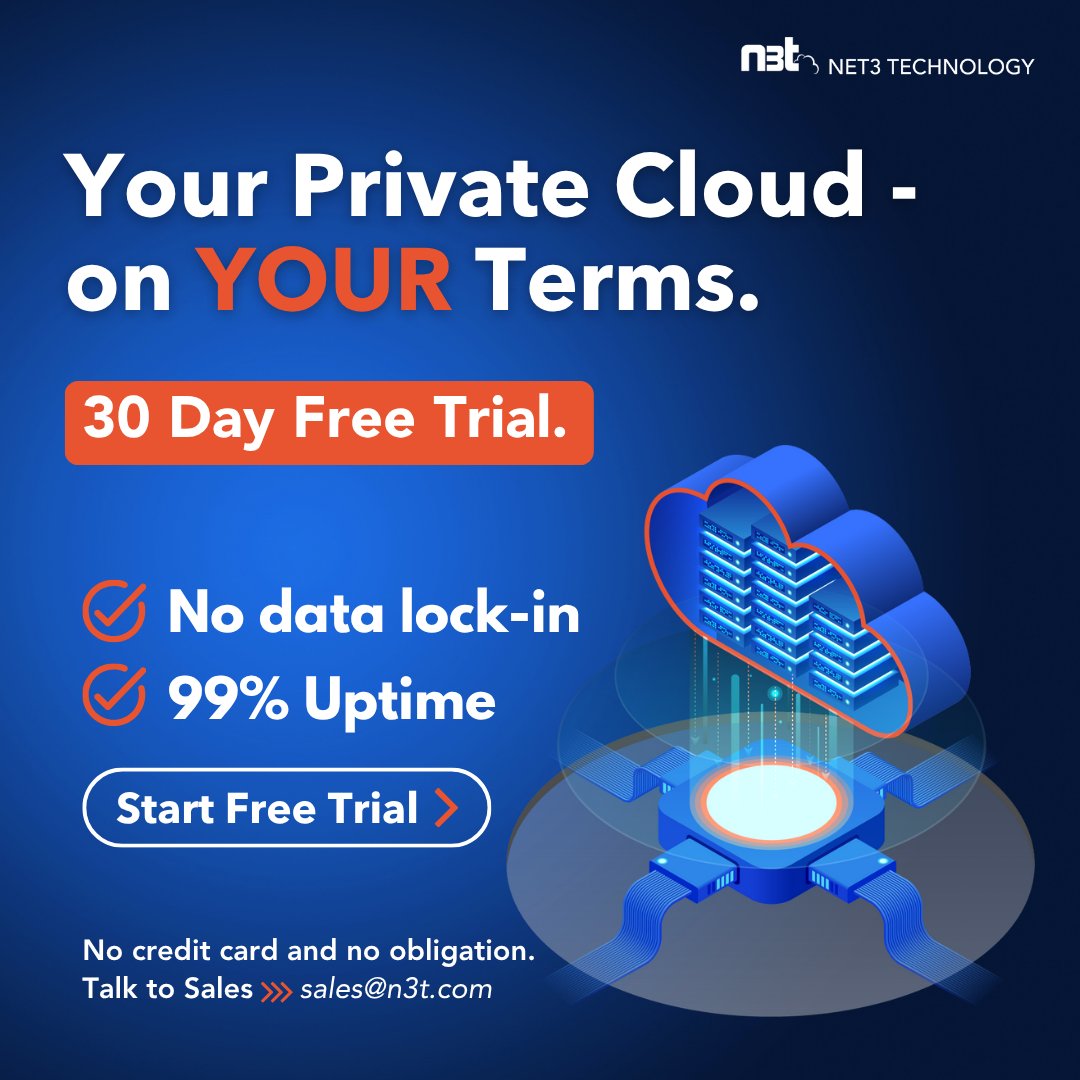 FREE TRIAL: Experience the freedom of choice and flexibility with Net3's Cloud, PvDC.  It's a private, fully customizable virtual data center that lets you run compute and networking resources with ease.

Try it for 30 days - no credit card required! 👉 hubs.ly/Q03Tyg6g0