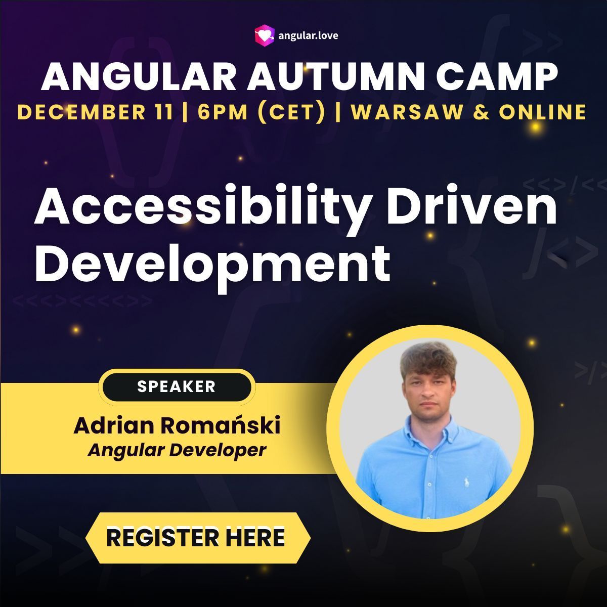 AngularLovePL's tweet image. #Accessibility is the new standard for apps. Personally, we think that’s awesome! 🤩

And so does @AdrianRoOmanski, #Angular developer and speaker at our Christmas edition Autumn Camp meetup! 🎄

📅 Dec 11th, 6:10 PM (CET), online &amp;amp; at Jana Kazimierza 5, Warsaw

Adrian’s talk,…