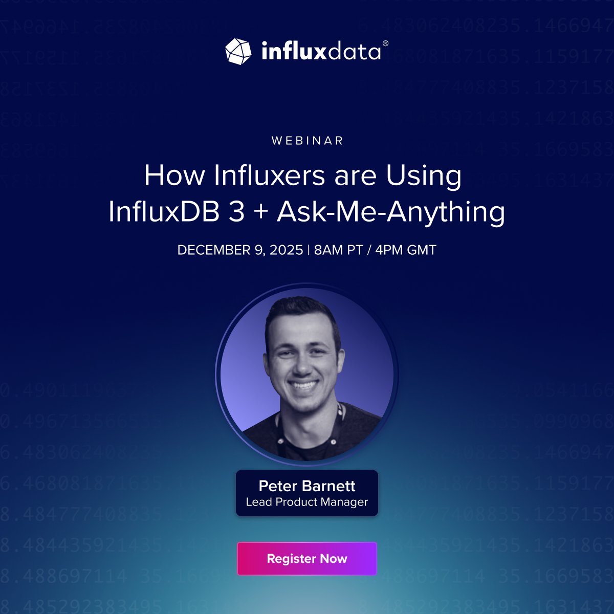 InfluxDB's tweet image. See #InfluxDB 3 in action and ask our product lead anything.

On Dec. 9, our team is running quick demos of real projects (kid-friendly CPU monitoring, DIY weather tracking, and more), followed by a live AMA with Lead PM @PeteWithProduct.

Save your seat: bit.ly/47HxoF0