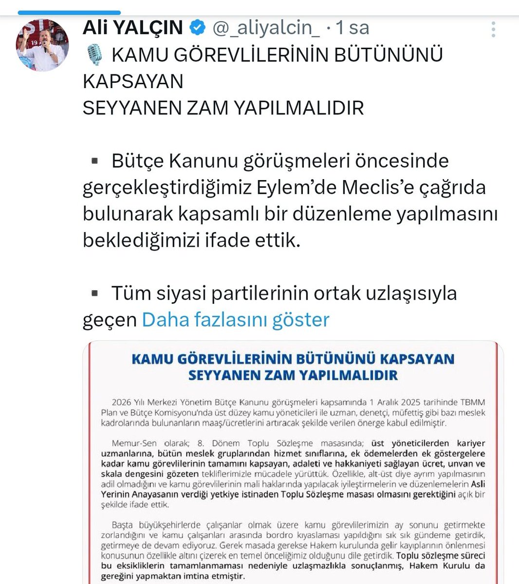 MEMURA SEYYANEN ARTIŞ, ZAM DEĞİLDİR!

Yetkili sendika <a href="/MemurSenKonf/">Memur-Sen</a>’nunun “seyyanen zam” talebi, içine düştüğü trajikomik durumu tüm açıklığıyla gözler önüne seriyor!

Son yıllarda memurların maaşlarına yapılan seyyanen ödemeler, gerçek bir zam gibi gösterilmeye çalışılıyor.
Oysa