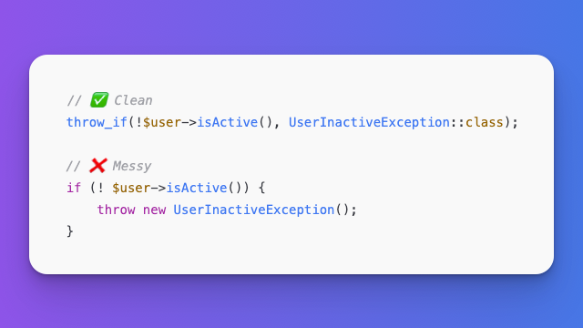 laravelbackpack's tweet image. #Laravel Tip

Did you know... You can conditionally throw exceptions in one line with throw_if() — perfect for clean controllers &amp;amp; services.