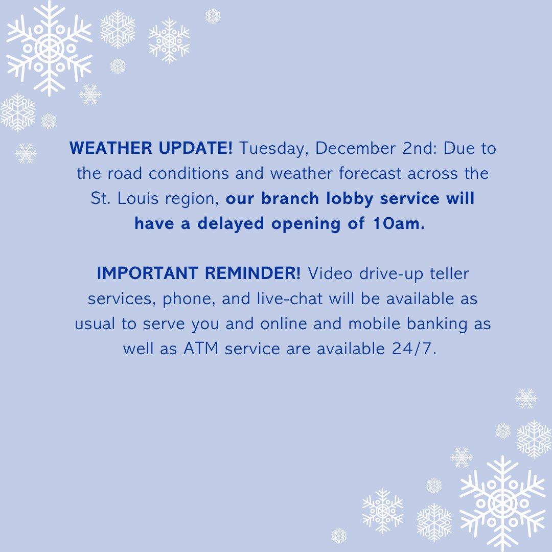 NeighborsCU's tweet image. Due to the weather and road conditions, our branches will be opening at 10 AM today. We appreciate your understanding and value your safety as well as that of our employees. Stay warm and stay safe!