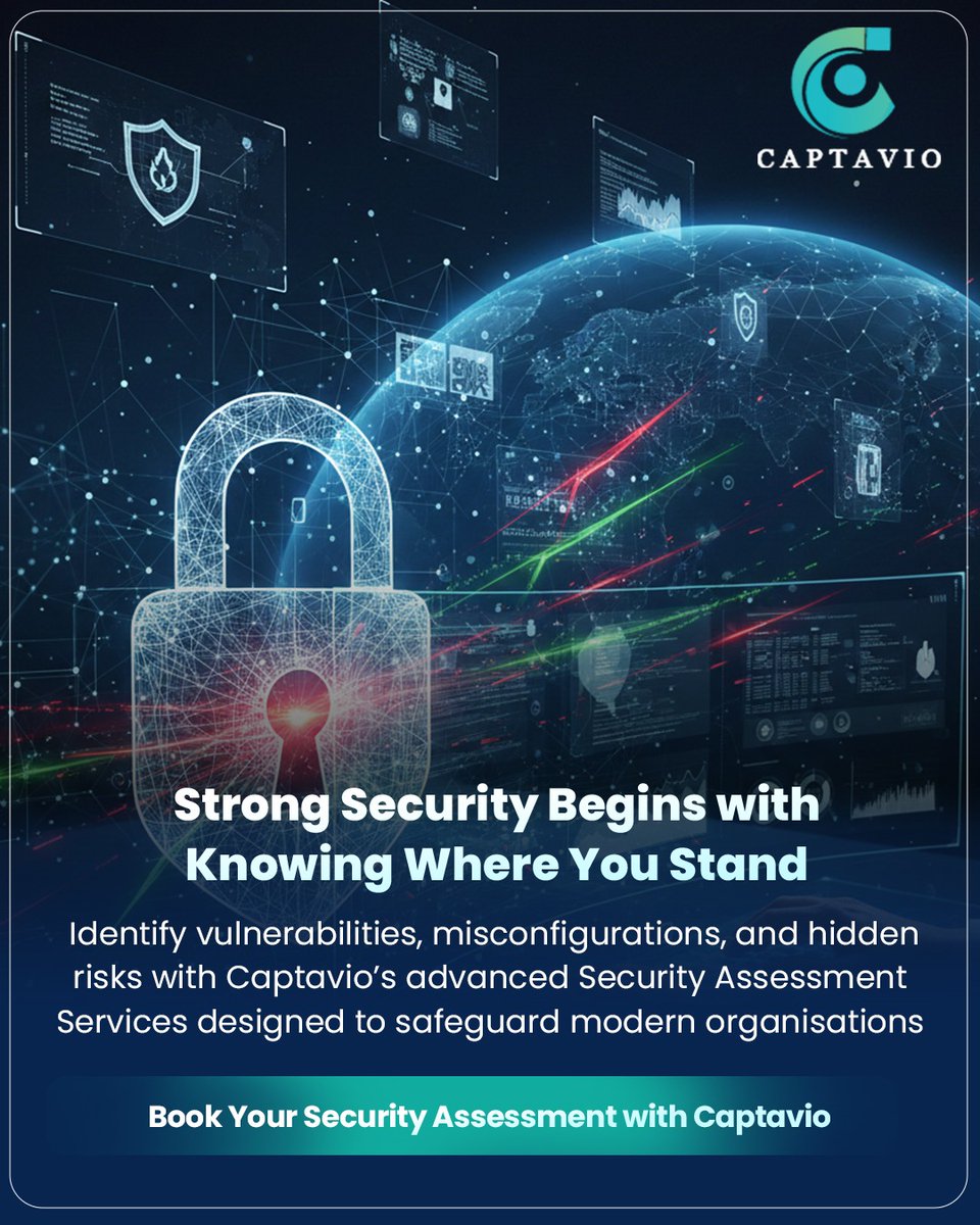 Captaviotech's tweet photo. You can’t secure what you can’t see. Find hidden risks, vulnerabilities, and misconfigurations before attackers do. Captavio’s Security Assessment strengthens your defences. Take control today. #CyberSecurity #RiskManagement #ITSecurity #Captavio https://t.co/p9M5XCdXOT