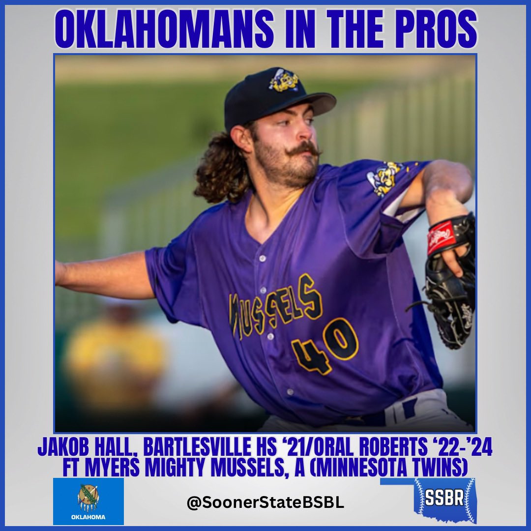 SoonerStateBSBL's tweet photo. 𝙊𝙆𝙇𝘼𝙃𝙊𝙈𝘼𝙉𝙎 𝙄𝙉 𝙏𝙃𝙀 𝙋𝙍𝙊𝙎

Jakob Hall, RHP, Ft Meyers Mighty Mussels, A (Minnesota Twins)

Bartlesville HS ‘21/Oral Roberts ‘22-‘24

2025: G 28/GS 3, 3-1, 6.83 ERA, 54 IP, 62 H, 22 BB, 45 K

- Drafted 8th Round 2024 MLB Draft

#OKPreps | #SoonerStatePros | #PRORU https://t.co/W0jI5Wlsdj