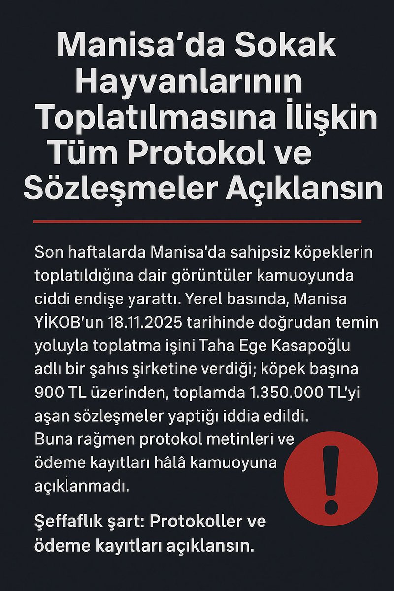 zeyyerinde1's tweet image. Manisa’da Sokak Hayvanlarının Toplatılmasına İlişkin Tüm Protokol ve Sözleşmeler Açıklansın

Manisa’da son haftalarda sahipsiz sokak köpeklerinin toplatıldığına ilişkin görüntüler kamuoyunda ciddi bir endişe yaratmıştır.
Yerel basın ve sosyal medya paylaşımlarında, Manisa Yatırım…