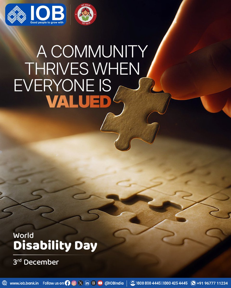 IOBIndia's tweet image. Every piece adds meaning.​

This World Disability Day, let’s recognise the strength that diversity brings and create spaces where everyone feels included and respected.​

#WorldDisabilityDay #InclusionForAll #DiversityMatters #EqualWorld #Accessibility #IOB #StrongerTogether