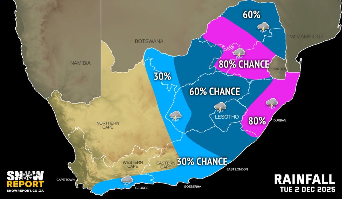 SnowReportSA's tweet image. UPDATED WEATHER: Severe thunderstorms indicated for seven provinces – level 5 warning issued for KZN. See snowreport.co.za for the full forecast #saws #saweather #forecast #weatherwarnings