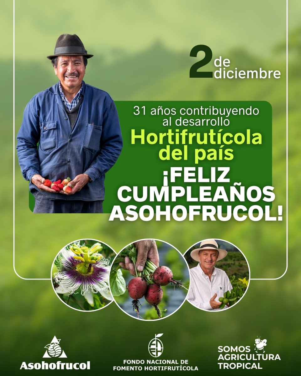 ¡Celebramos 31 años! 🎉
Más de tres décadas promoviendo el desarrollo hortifrutícola, acompañando a los productores y fortaleciendo la agricultura en el país. 🌱🥭
¡Sigamos creciendo y trabajando juntos por el campo colombiano! 👨‍🌾🍓
#SomosUnModeloAmbiental #ÁlvaroPalacioPeláez