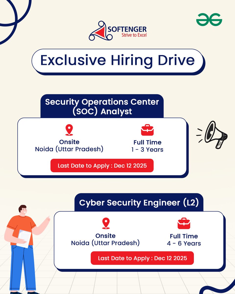 geeksforgeeks's tweet image. Softenger is a renowned IT services provider with a presence in India, Singapore, and Malaysia. For 20+ years, they’ve delivered automation, IT infrastructure services, enterprise testing, application development support, and their ATS product—TalentOrb.

And they&apos;re hiring for…