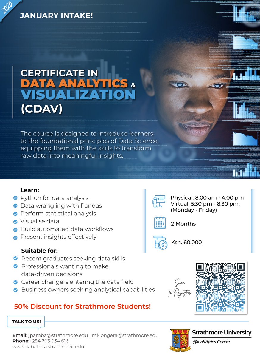 iLabAfrica's tweet image. Unlock your data skills with the Certificate in Data Analytics &amp;amp; Visualization (CDAV)!

Learn the full data workflow: cleaning, analysis &amp;amp; visualization, guided by industry experts

Start your data journey today 👇
ilabafrica.strathmore.edu/certificate-in…

#DataAnalytics#DataScience#TechTraining