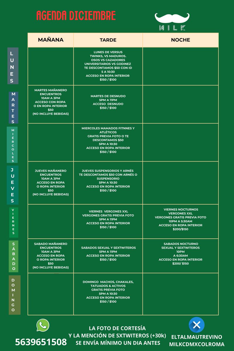 📌NUEVA UBICACIÓN
🚇METRO CHILPANCINGO

🩲ACCESO EN ROPA INTERIOR
🍻INCLUYE BEBIDAS CONDONES

♦️VIERNES Y SABADOS NOCTURNOS
♦️ JUEVES, SÁBADOS Y MARTES MAÑANEROS $50

🔄RT Y PARTICIPA EN CORTESIA
TREVIÑO wa.link/0js0fi