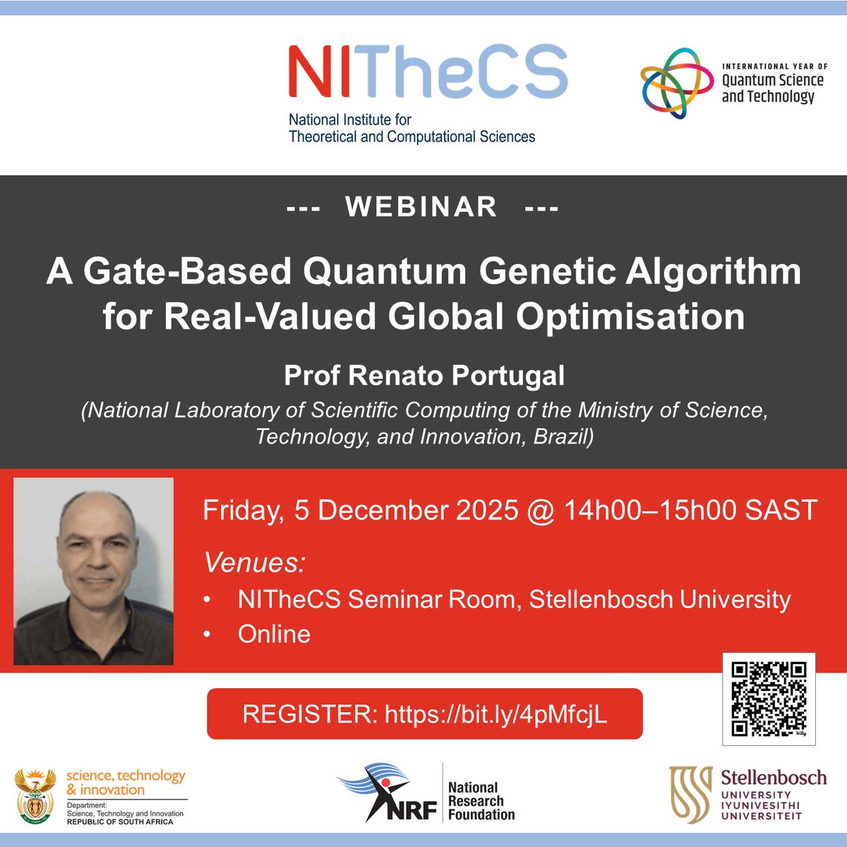 NITheCS's tweet image. NITheCS Webinar: “A Gate-Based Quantum Genetic Algorithm for Real-Valued Global Optimisation” with Renato Portugal (LNCC/MCTI, Brazil)
📅 Fri, 5 Dec | 🕒 14h00–15h00 SAST
Join online or in person.
🔗 buff.ly/HzqagNE
#QuantumAlgorithms #QuantumComputing #GlobalOptimisation