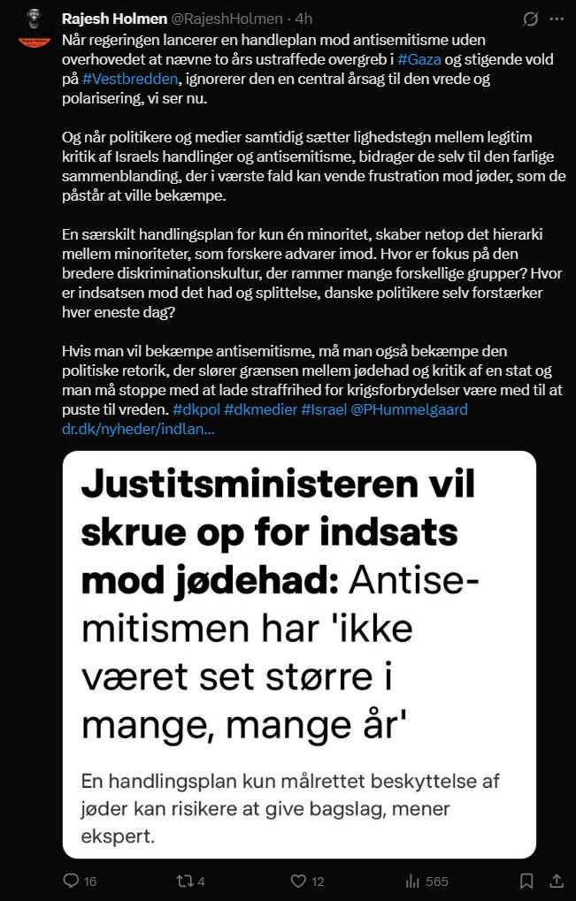 Rajesh Holmens rituelle afledningsmanøvre
Der er noget næsten rituelt over Rajesh Holmens reaktion.

Hver gang antisemitisme bliver taget alvorligt, dukker han op med den samme dansende afledningsmanøvre. Aldrig et klart ord om det voksende jødehad, altid et forsøg på at opløse