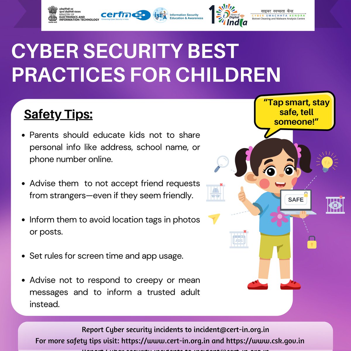 IndianCERT's tweet image. Cybersecurity best practices.  #indiancert #cyberswachhtakendra #StaySafeOnline #cybersecurity #besafe #staysafe #mygov #Meity #onlinefraud #cybercrime #scamming #cyberalert #CSK #CyberSecurityAwareness