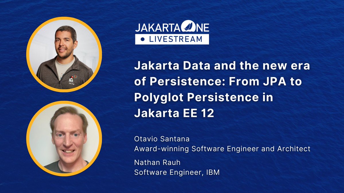 JakartaOneConf's tweet image. 🌟 @otaviojava and Nathan Rauh will be presenting “Jakarta Data and the new era of Persistence: From JPA to Polyglot Persistence in #JakartaEE 12” at the JakartaOne Livestream 2025 in 10 minutes. 

Join them for this session now! hubs.la/Q03WdgcQ0

#Java #opensource