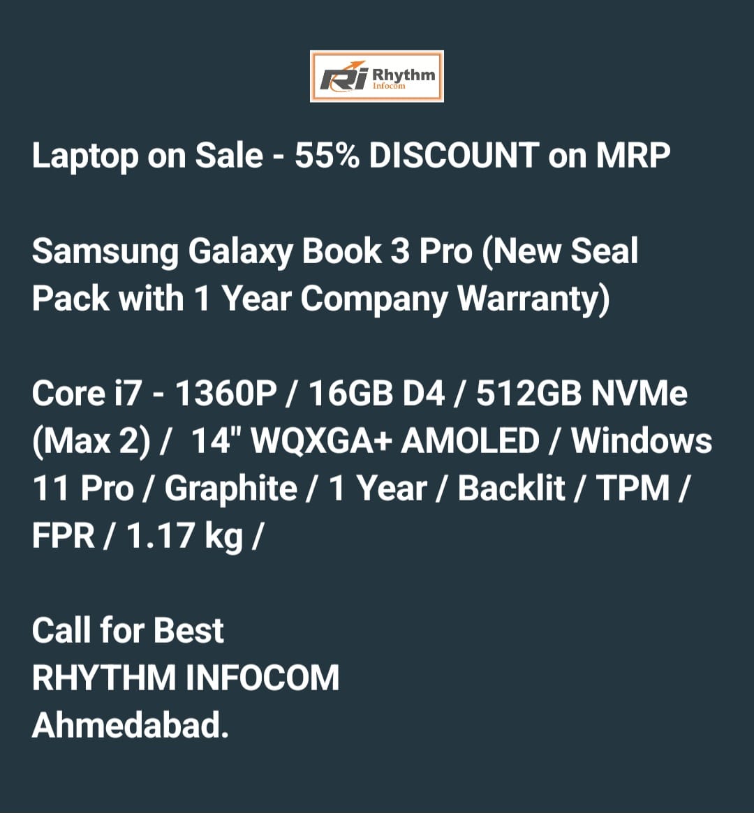 shuklaankit's tweet image. MRP 183000

MOP 85000

🔥 OFFER PRICE 🔥 75,000/- 

All Inc - No Bag - CDC
LIMITED

*Discover cutting-edge IT solutions with Rhythm Infocom!*

Since 2014, expert IT integration services.

Call us: 9825060606 (chat.whatsapp.com/F6ZgL8Nqn72A9r…)

#RhythmInfocom #ITIntegration #TechSolutions