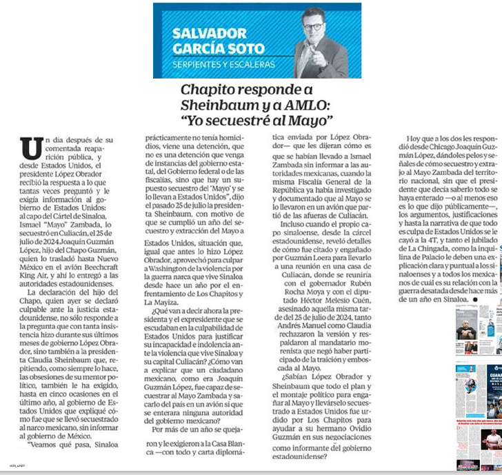 Chapito le responde a Sheinbaum y a AMLO: "yo secuestré al Mayo", <a href="/SGarciaSoto/">Salvador García Soto</a>