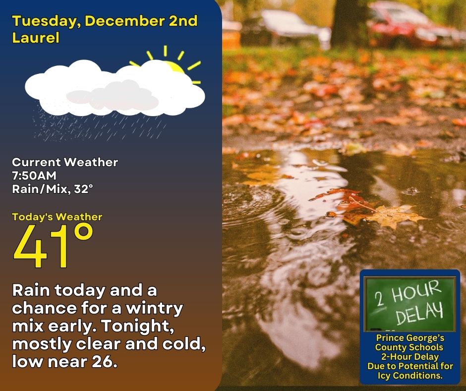 Dec. 2nd, rain thruout the morning/into afternoon, w/ a chance for wintry mix early, #DriveWithCaution🚧! High near 41. Rain moves out, becomes mostly clear tonight, low near a cold 26. Be prepared for potential refreeze of wet surfaces.#WalkLikeAPenguin🐧 #WipersOnHeadlightsOn🚗