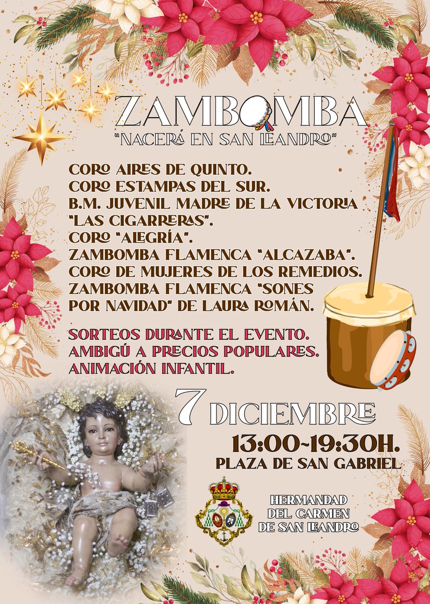 Carmen_SLeandro's tweet image. ZAMBOMBÁ "Nacerá en San Leandro."

Con actuaciones de todo tipo, animación y juegos para los más pequeños.

¡Sorteos durante el evento! 

📆 7 de Diciembre. 
🕜 Desde las 13:00 H. 
📌 Plaza de San Gabriel. 

¡Que no te lo cuenten, no faltes, te esperamos!

#CarmenSanLeandro25