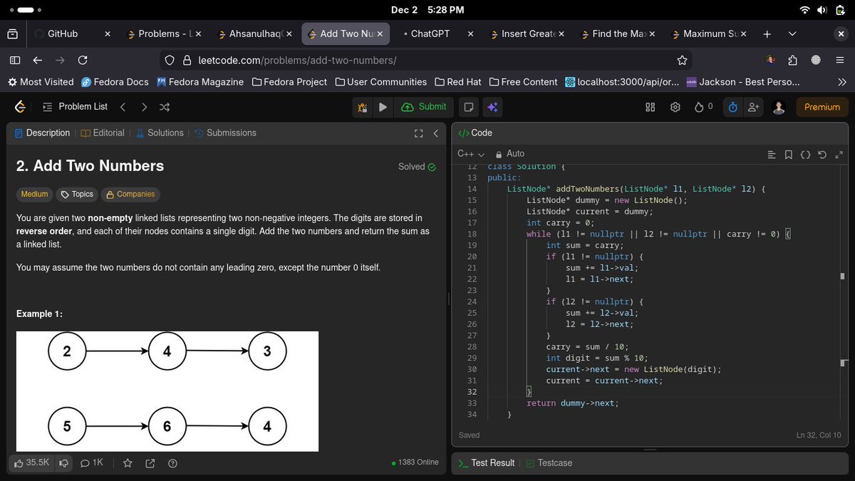 ulhaqcdr's tweet image. DAY 73-90-&amp;gt;[2. Add Two Numbers]
#LeetCode #DSA #problemSolving 
checkout the description !