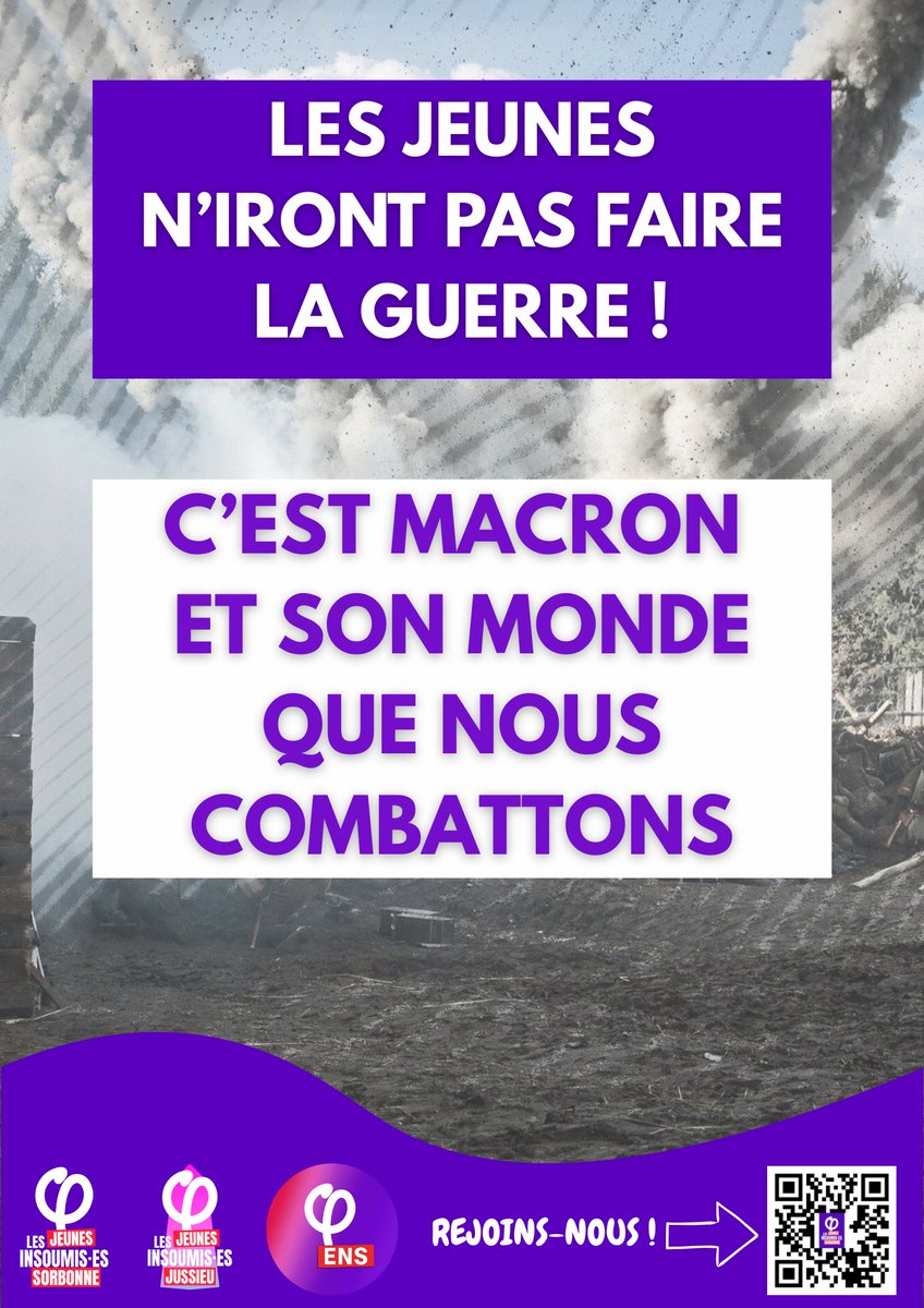 FI_NUPES_Sorb's tweet photo. Les jeunes n’iront pas faire la guerre ! 
Les gouvernements successifs de Macron n’ont cessé de multiplier les coupes budgétaires et d’instaurer la précarité. C’est lui, son budget avec Lecornu, et ceux qu’il représente, que nous combattons. https://t.co/fqIKIdlWXa