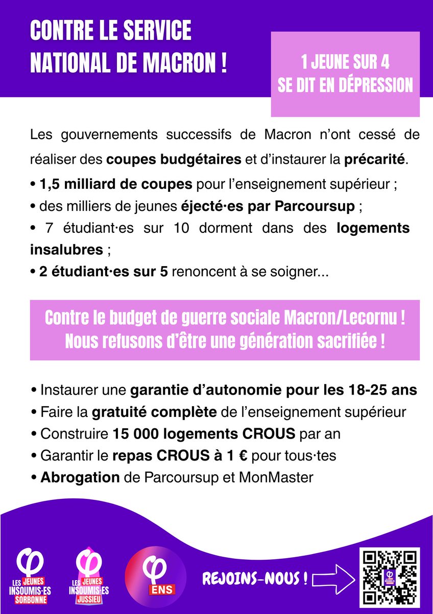 Les jeunes n’iront pas faire la guerre ! 
Les gouvernements successifs de Macron n’ont cessé de multiplier les coupes budgétaires et d’instaurer la précarité. C’est lui, son budget avec Lecornu, et ceux qu’il représente, que nous combattons.