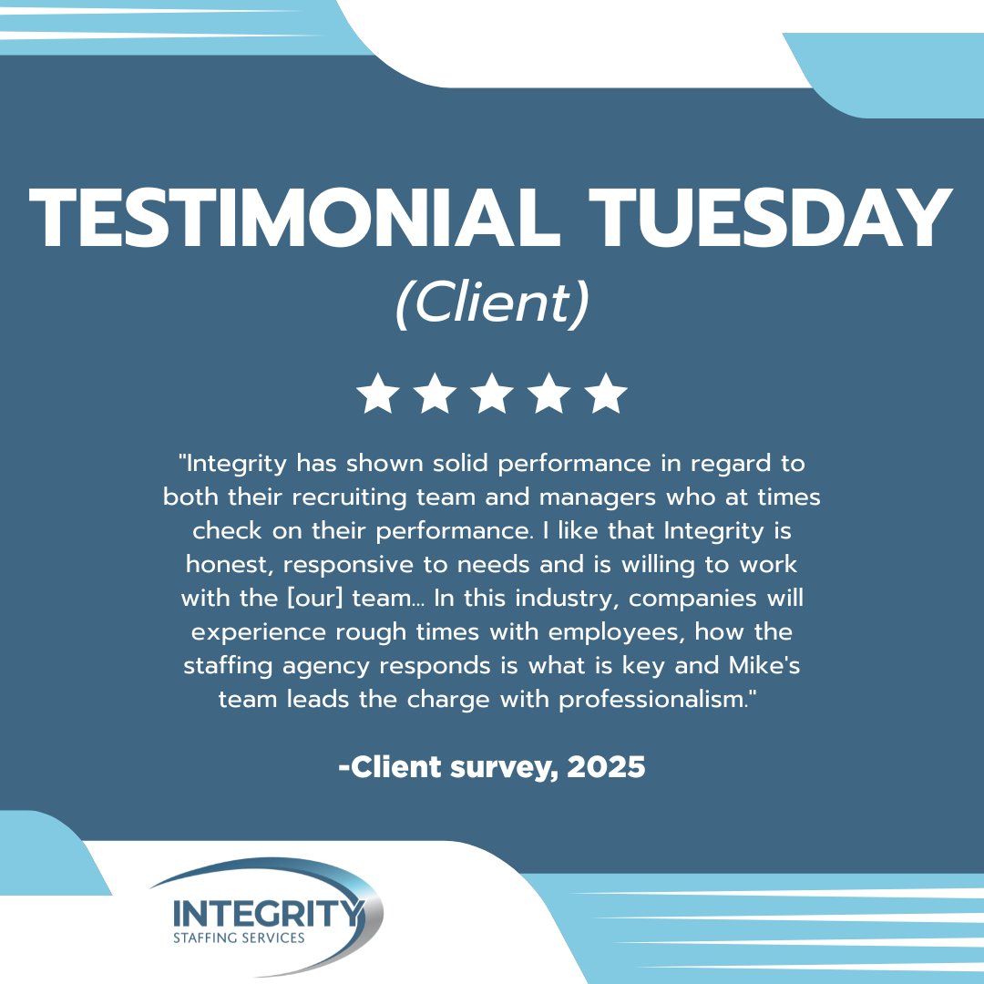 “Integrity is honest, responsive, and professional. Their team checks in, communicates clearly, and delivers.” — Client, 2025

Integrity Staffing Services is committed to strong partnerships and reliable recruiting.

Partner with a team you can trust: nsl.ink/g2Qk