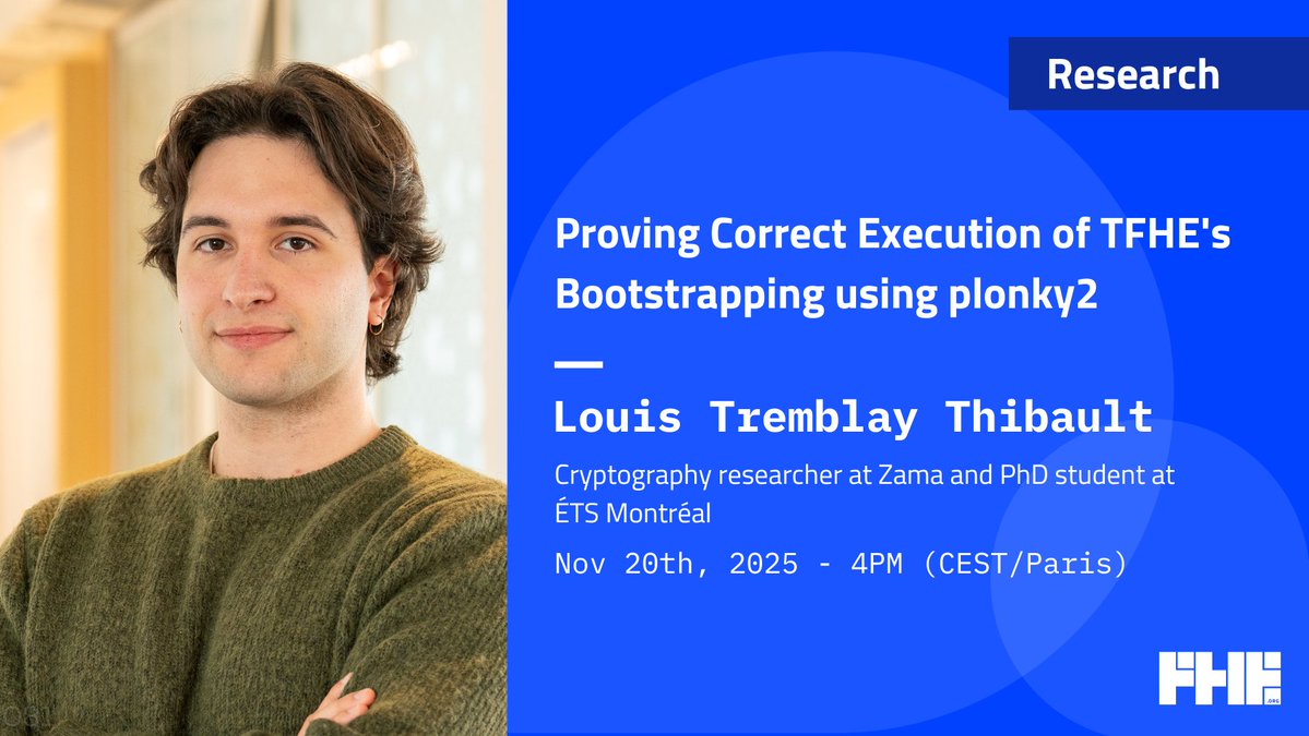 fhe_org's tweet image. Miss our meetup with Louis Tremblay Thibault on &quot;Proving Correct Execution of TFHE’s Bootstrapping using plonky2&quot;?

You can watch the recorded presentation below! 👇

#FHE #HomomorphicEncryption #TFHE #plonky2