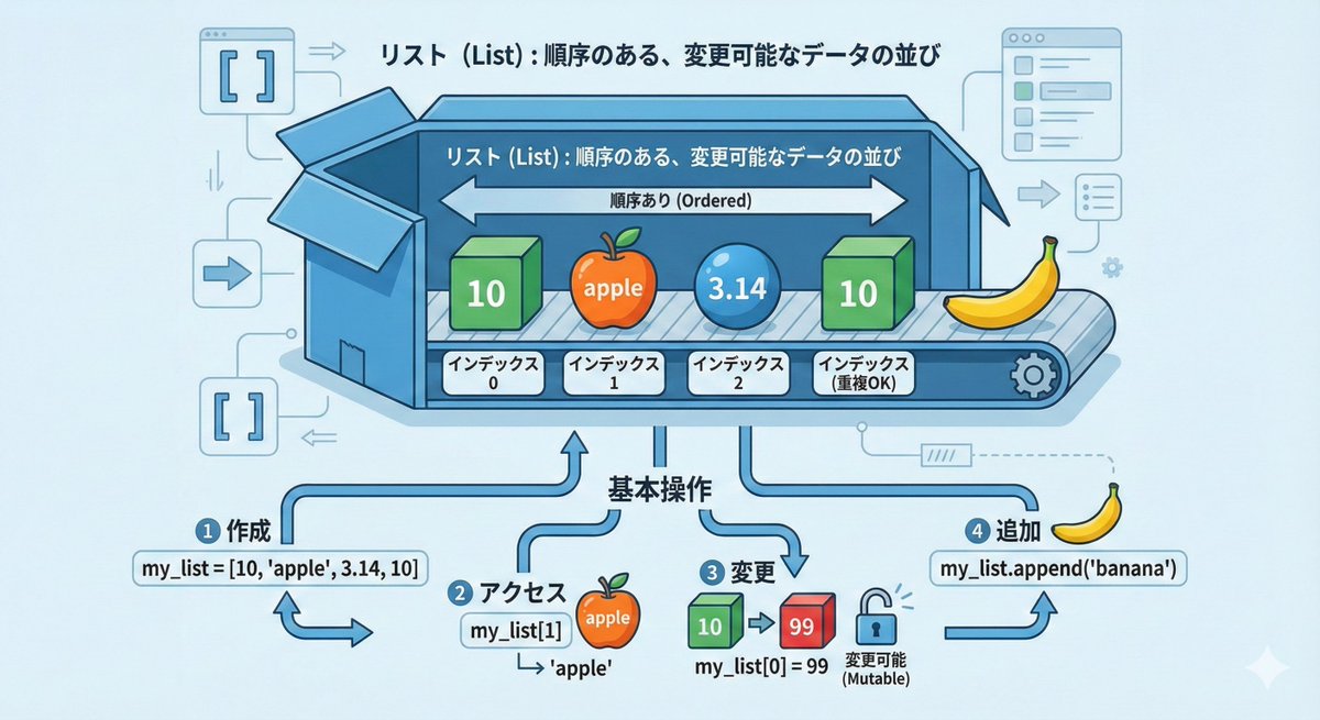 50python2024's tweet image. Pythonの「リスト」を図解にまとめました！📦

✅ 順序がある（インデックスは0から！） 
✅ 色々なデータを混在OK 
✅ 中身を変更できる（Mutable） 
✅ 重複データもOK

作成、アクセス、変更、追加といった基本操作も一目でわかります。 ぜひ保存して活用してください🔖

x.com/50python2024/s…