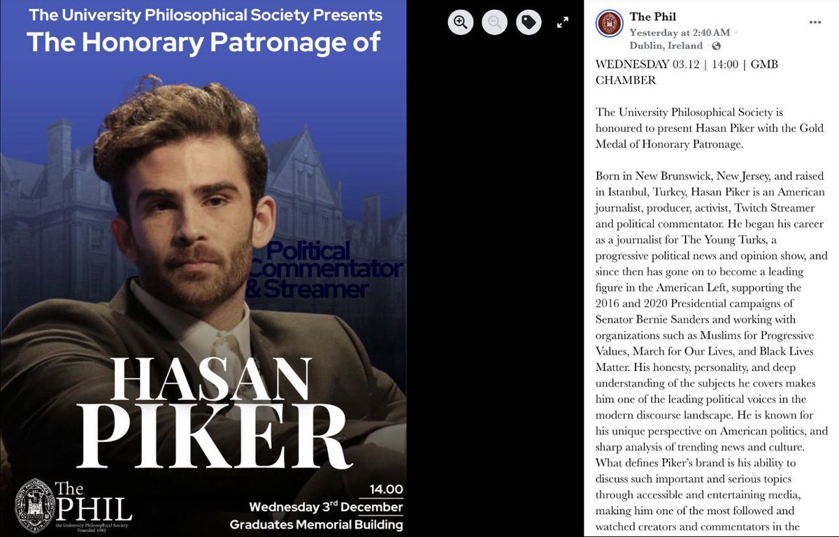 Awk20000's tweet image. The University Philosophical Society at Trinity College in Dublin is honoring Hasan Piker with the “Gold Medal of Honorary Patronage”

“He began his career as a journalist..his honesty, personality, &amp;amp; deep understanding of the subjects he covers makes him one of the leading…