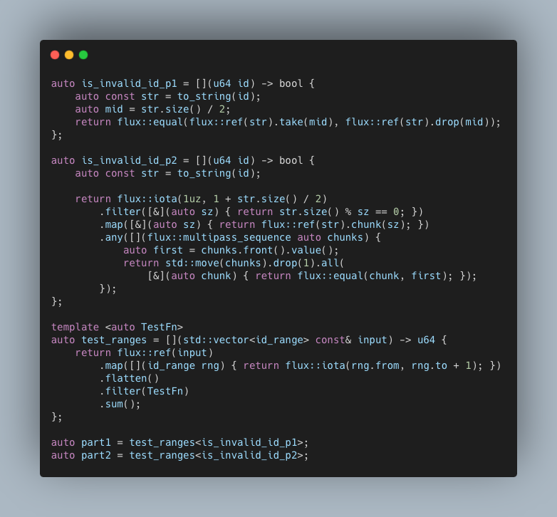 tristanbrindle's tweet image. I might have overdone the sequence chaining while brute-forcing #AdventOfCode day 2, but I have no regrets 
#cplusplus