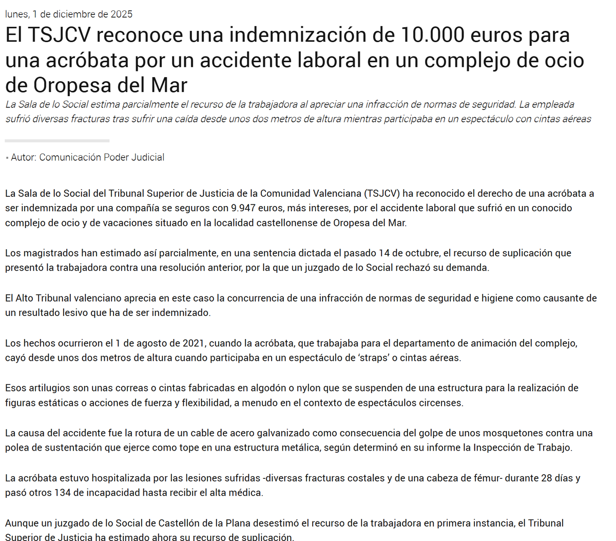 #IPE1 Interesante sentencia del TSJCV que reconoce una indemnización de 10.000 € para una acróbata por un #AccidenteLaboral en un complejo de ocio.
⚠️Infracción de medidas de seguridad causantes de daño poderjudicial.es/cgpj/es/Poder-…