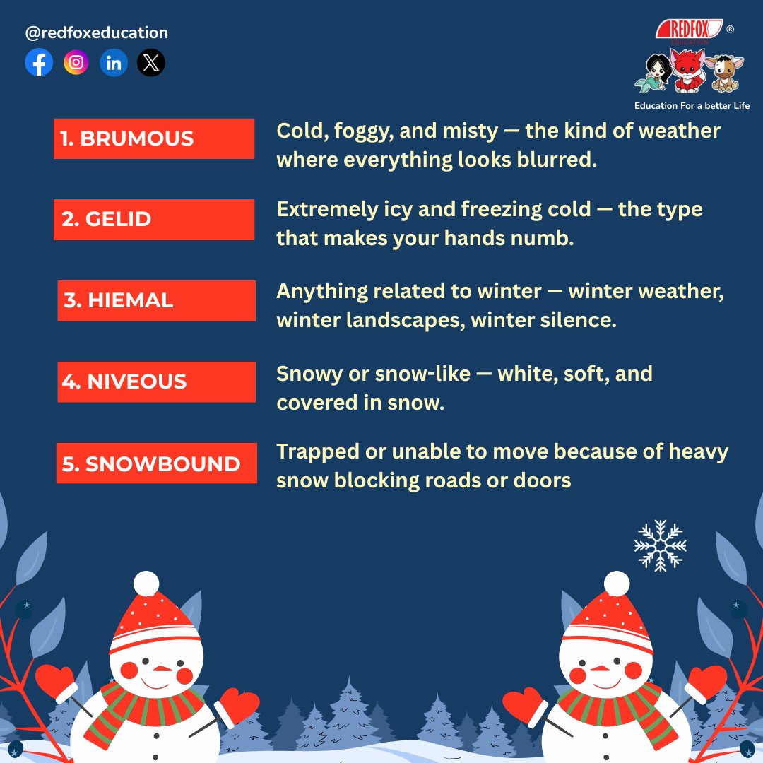 RedFox_EdTech's tweet image. ❄️ Expand your vocabulary while enjoying cozy snowy vibes.

Download Our Mobile App:
Google Play: bit.ly/31lO56z
App Store: apple.co/39UxPwl
Visit: redfoxeducation.com

#WinterWords #EnglishVocabulary #LearnEnglish #WinterVibes #WinterLearning #RedFoxEducation