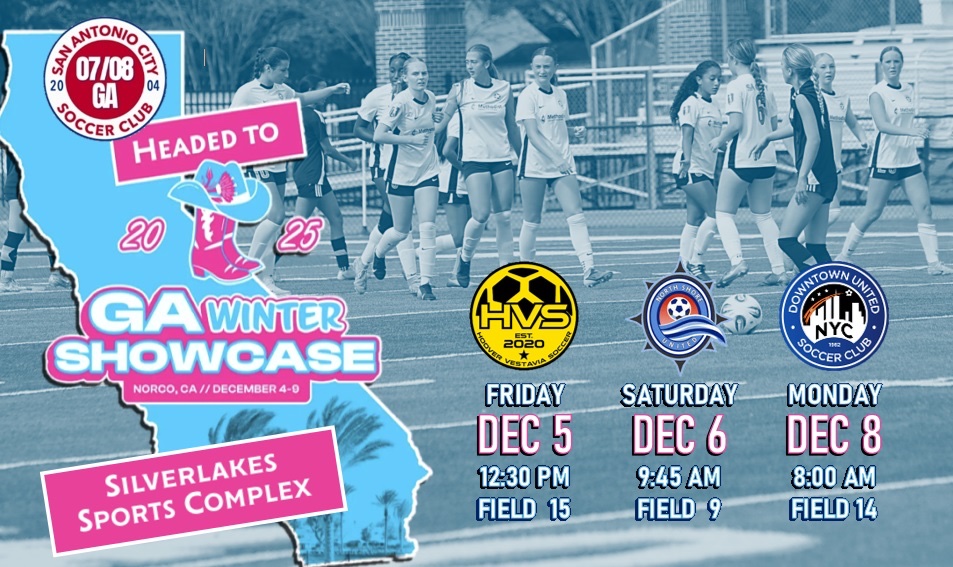 ✈️ Road trip to Norco, California for the #GAWinterShowcase25 this weekend. 

<a href="/sacitysc/">San Antonio City Soccer Club</a> <a href="/soccerislife621/">Roberto Del Toro (Coach Beto)</a> <a href="/6a_28/">SA High School & Club Soccer</a> <a href="/ImCollegeSoccer/">College Soccer Truth ™</a> <a href="/Soy_SAF/">SOY SAN ANTONIO FÚTB⚽️L</a>  <a href="/PrepSoccer/">Prep Soccer ⚽️</a> <a href="/TheSoccerWire/">SoccerWire</a> <a href="/CollegeSoccerID/">College Soccer ID</a> <a href="/SATXSoccer/">S.A. Soccer ⚽🎥🎙️</a> <a href="/jgrimleysoccer/">Jane Grimley-Gunn</a> <a href="/CoachGeorge23/">Coach George</a> <a href="/soccer_warren/">Warren Girls Soccer</a> <a href="/SACity0708GA/">SA City 07/08 GA</a>