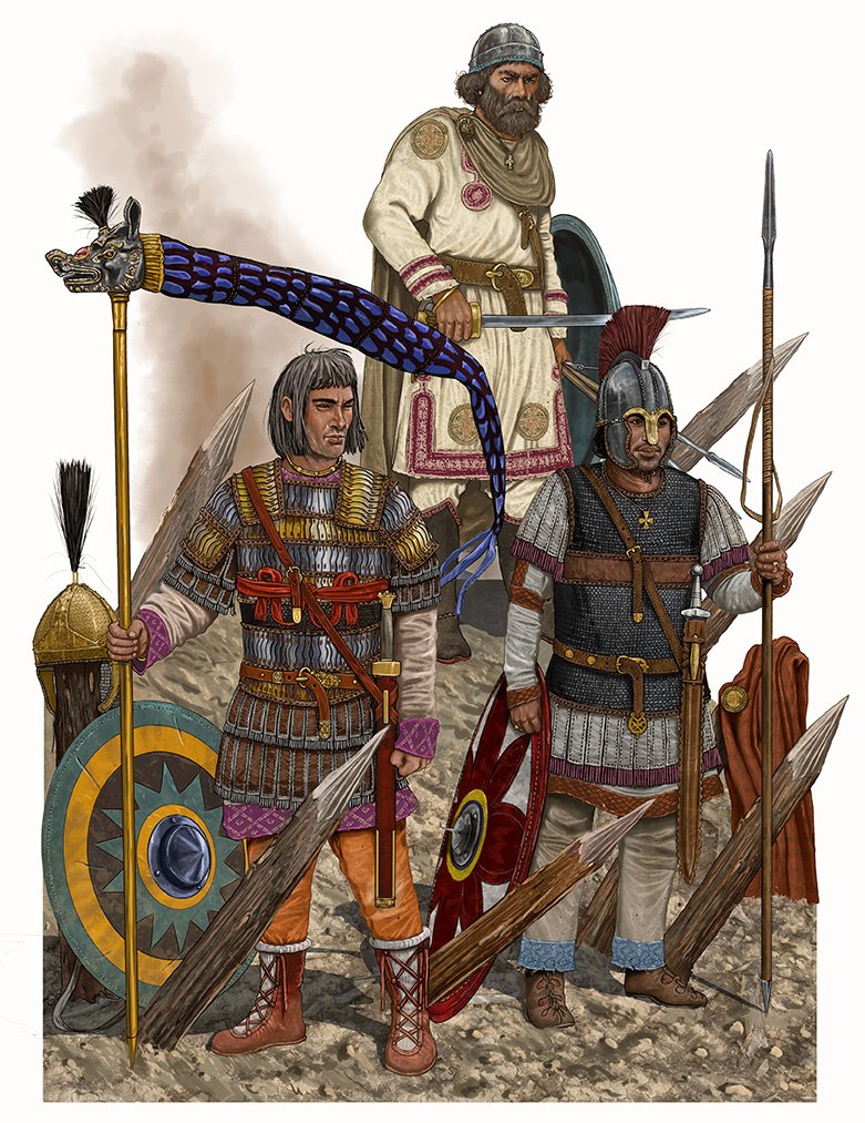CatImperator's tweet image. The men of the Justinian Reconquista, a moment when Roman Empire came back West. A brief moment, though, as most of the gains would be lost by the mid seventh century. 

RIGHT: Stratiotes from Numerus Quintani (ex-Legio V Macedonica), 540 AD
LEFT: Drakonarios (dragon-flag bearer)…