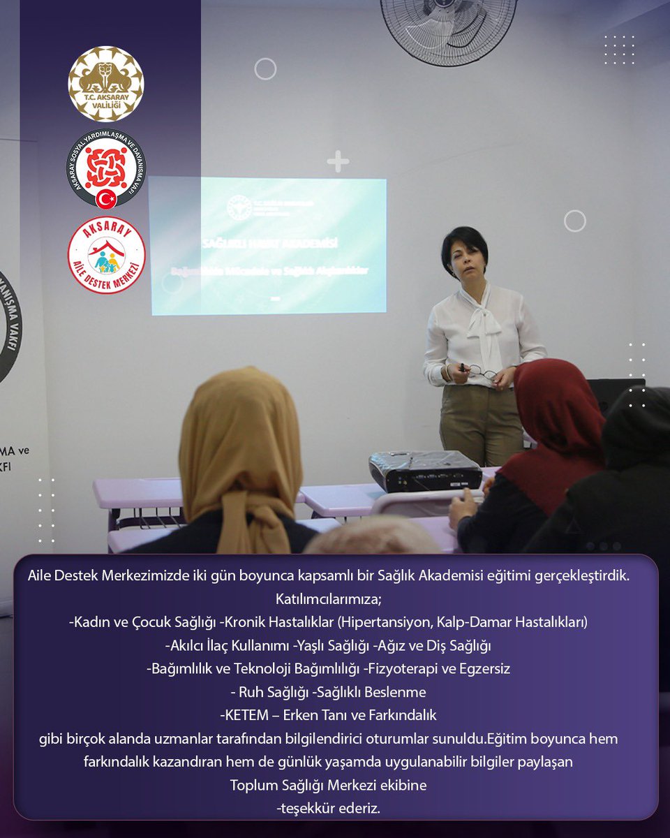 Aile Destek Merkezimizde iki gün süren Sağlık Akademisi eğitiminde, uzmanlar tarafından sağlık alanında bilgilendirici oturumlar gerçekleştirildi.

<a href="/tcailesosyal/">T.C. Aile ve Sosyal Hizmetler Bakanlığı</a> <a href="/MahinurOzdemir/">Mahinur Özdemir Göktaş</a> <a href="/aksarayvaliligi/">T.C. Aksaray Valiliği</a>
<a href="/malikumbuzoglu/">Mehmet Ali Kumbuzoğlu</a> <a href="/ashb_sygm/">Sosyal Yardımlar Genel Müdürlüğü</a>