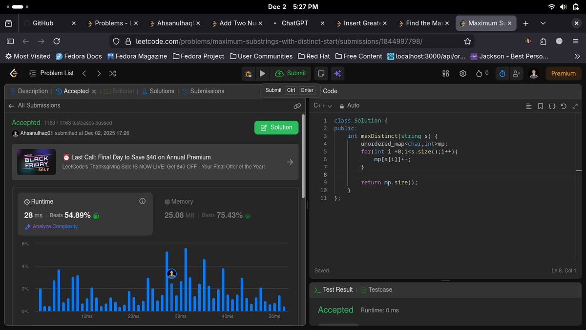 ulhaqcdr's tweet image. DAY 74-90
-&amp;gt;[2807. Insert Greatest Common Divisors in Linked List]
-&amp;gt;[3760. Maximum Substrings With Distinct Start]
-&amp;gt;[2894. Divisible and Non-divisible Sums Difference]
#DSA #LeetCode #problemSolving 
2807 -&amp;gt; code fro this problem is in description