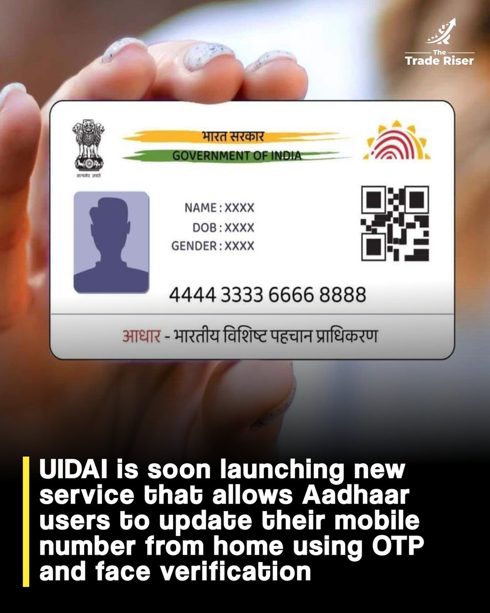TheTradeRiser's tweet image. UIDAI will soon launch a new feature that lets Aadhaar users update their mobile number from home using OTP and face verification. A big step toward easier digital updates.

#AadhaarUpdate #UIDAI #DigitalIndia