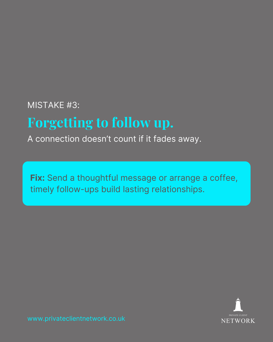 Private_Client_'s tweet image. Networking isn’t just about showing up, it’s about showing up well. 

Here are a few common mistakes to avoid so every conversation leads to stronger, more meaningful connections.

Swipe through to learn how to elevate your networking game. 🤝

#PrivateClientNetwork #UKNetworking