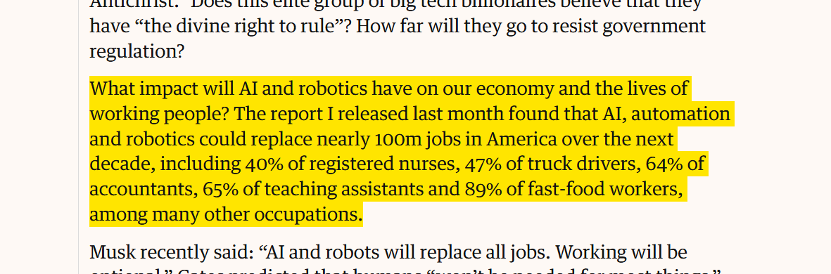 AI &amp; Robotics are a complement *and* a substitute for labor. There isn't a fixed set of jobs. Scarce factors get rents - since AI/robots won't be scarce, the rents won't go to them. This way of understanding AI + Labor (via Bernie Sanders in the Guardian) common but totally wrong