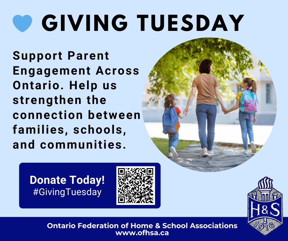 📣 It’s #GivingTuesday!
Support OFHSA’s work in strengthening parent engagement and building strong school communities across Ontario.

Donate today: zeffy.com/en-CA/donation… 

#GivingTuesday #OFHSA #HomeAndSchool #OntEd #OntarioParents