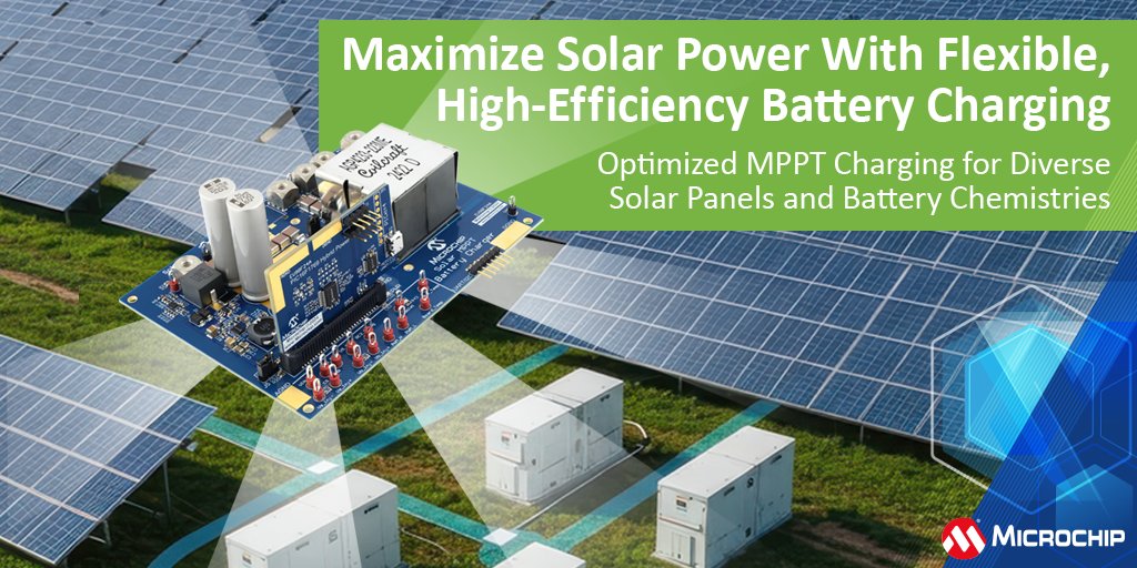 MicrochipTech's tweet image. Experience advanced solar charging with our MPPT Battery Charger reference design. Benefit from real-time, closed-loop control and safe, efficient charging for a wide range of battery chemistries and solar panel configurations. Learn more: mchp.us/4nk44Zq. #Solar #Energy…