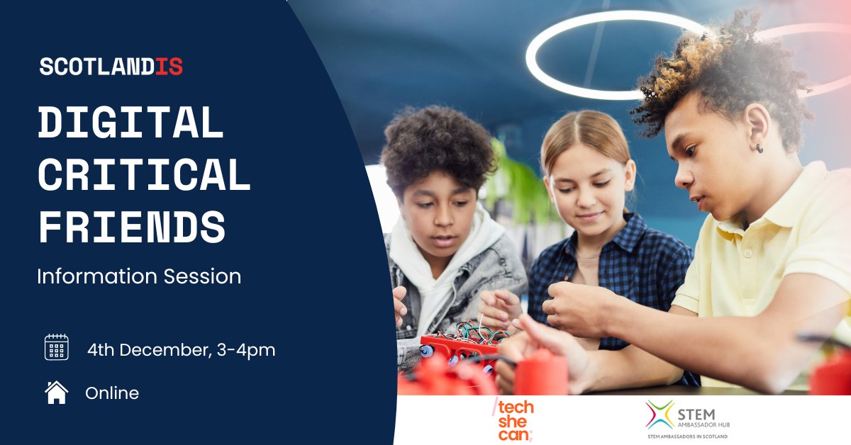 scotlandis's tweet image. Last chance to book tomorrow&apos;s session for info on becoming a Digital Critical Friend!

Find out more about the role, and how you can help inspire the next generation into #tech by mentoring #Computing Science teachers.

eventbrite.co.uk/e/196816301556…

@Tech_She_Can @STEMAmbassadors