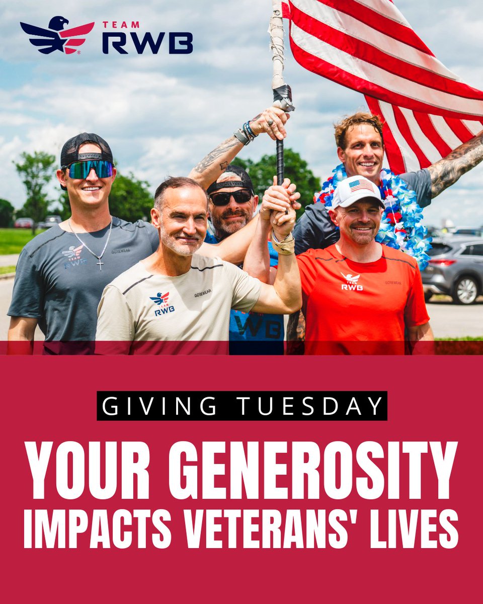 TeamRWB's tweet photo. Today is Giving Tuesday, and your generosity has the power to change lives.

For 15 years, Team RWB has enriched the lives of America’s Veterans through fitness, community, and purpose. With your support, we’ll carry that legacy forward for the next 15.

Every group run, ruck, and workout build belonging for Veterans across the country—and your gift keeps that momentum going.

Give now and make an impact today:  https://t.co/2V9zY7AKng

And don’t forget! Many employers match charitable gifts, so your donation could go twice as far.

This Giving Tuesday, let’s show Veterans their best days are still ahead. Thank you for being part of the team.